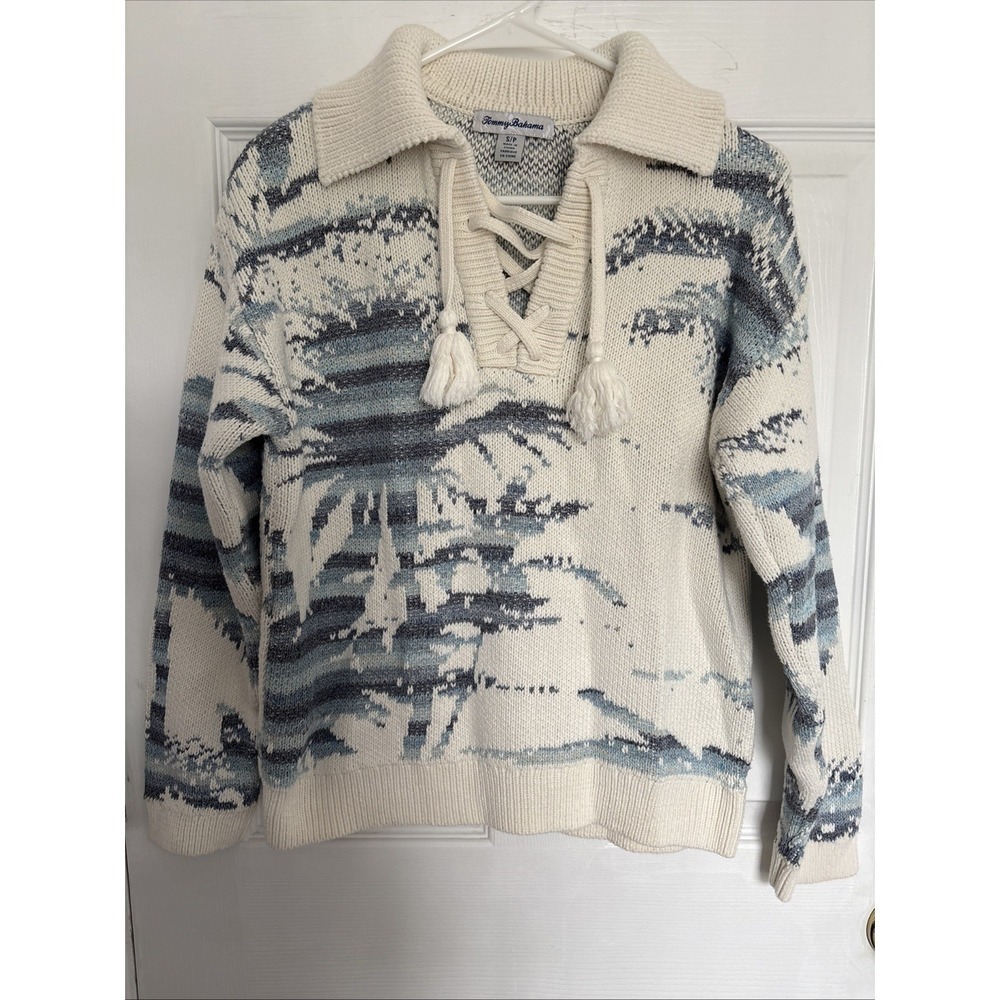 Tommy Bahama Women’s S Scenic Landscape Lace Up Chunky Knit Sweater
